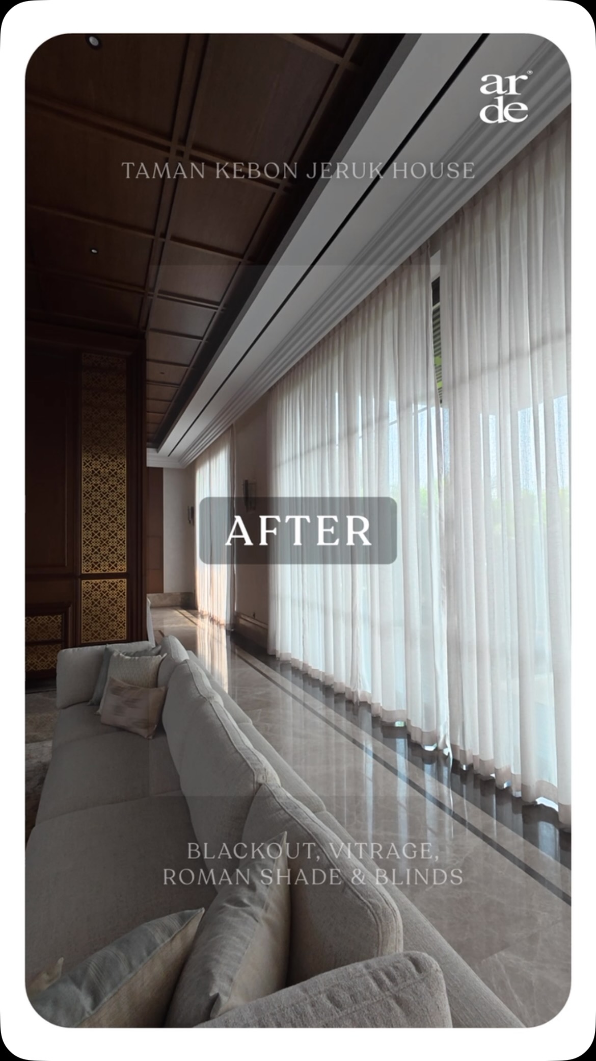 finished home. ✨

Watch this space come to life with our custom window furnishings, featuring elegant blackout curtains, soft sheers, Roman shades, and blinds. The right fabrics don’t just complete a room—they transform the way it feels.

Every installation is tailored to suit your home, your style, and your lifestyle.

Ready for your own before & after? Get in touch with Arde Fabrics today.

WhatsApp us : +62 857-7400-2628
E-catalogues : www.ardefabrics.com
DM us for fabric swatches and business inquiries.
