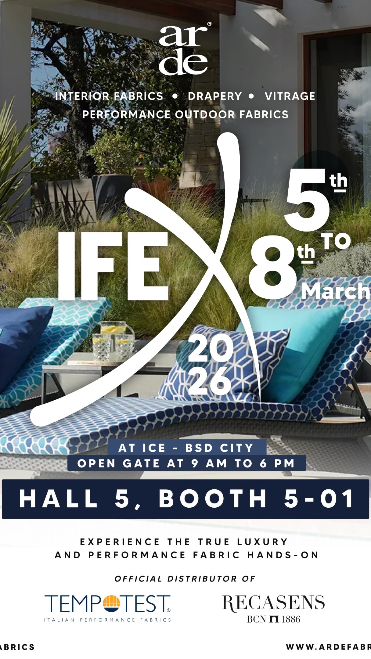 Visit our booth at IFEX 2026 and discover our collection of indoor fabrics for upholstery and drapery, along with durable outdoor fabrics for shades and furniture.

📍ICE BSD City, Hall 5, Booth 5-01
🗓️ 5-8 March 2026

We look forward to welcoming you and helping you find the perfect fabrics for your spaces.